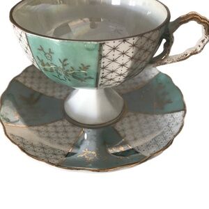 Lusterware Pedestal Teacup Saucer pistachio gold signed Collectors item